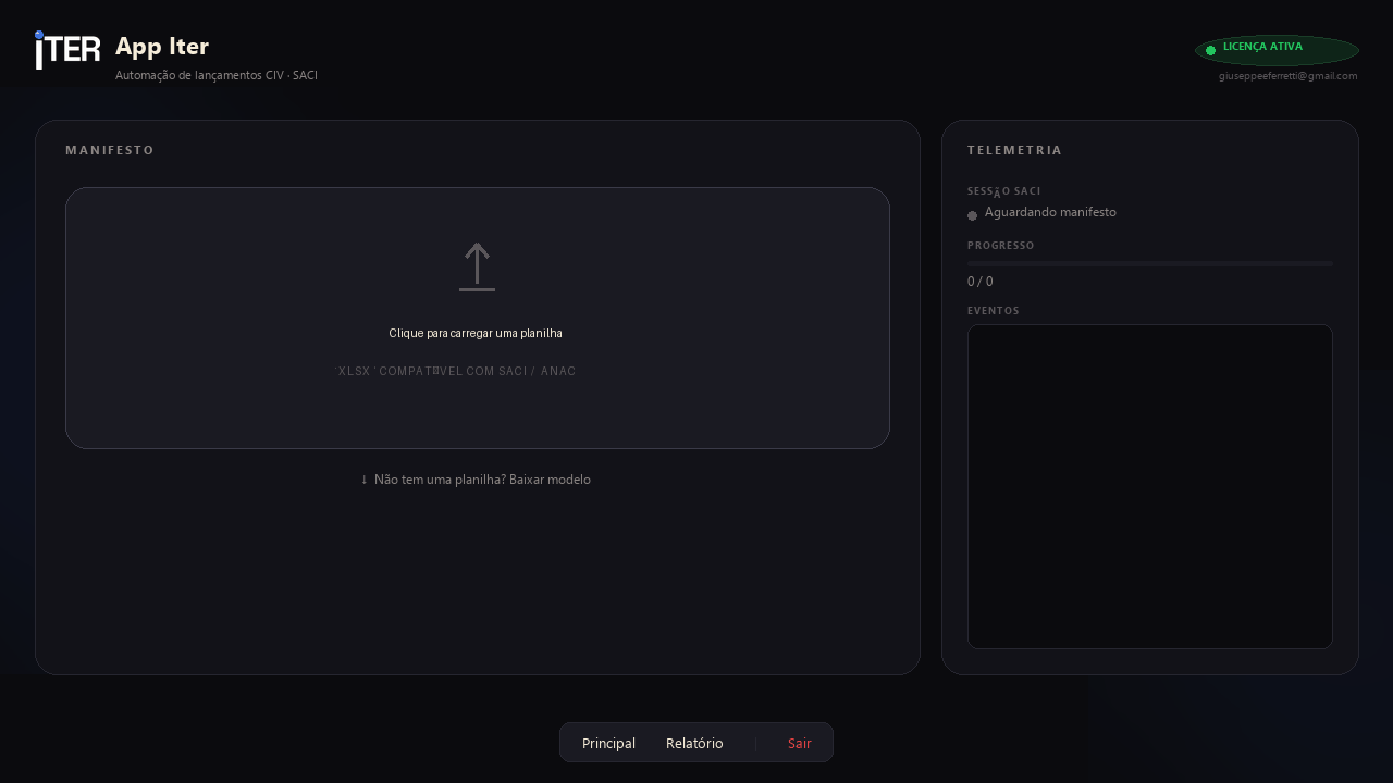 Interface do App Iter — sequência: tela vazia, planilha carregada, execução em andamento, lote finalizado
